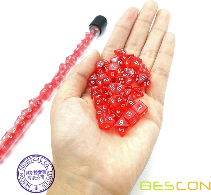 Bescon 28pcs Translucent Red Mini Polyhedral Dice Set in Tube, Ruby Dice Dungeons and Dragons 4X7pcs, Mini Ruby Gem Dice Set