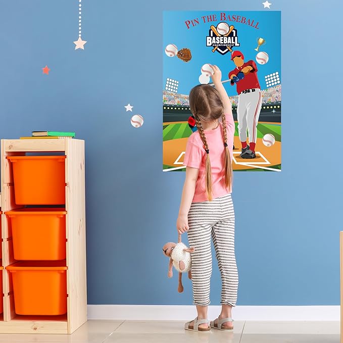 PLULON Baseball Party Pin Game for Kids Pin The Baseball on The Glove and Bat Large Baseball Poster with 30Pcs Baseball Stickers for Boys Girls Birthday Party Favors Wall Decor Classroom Activities