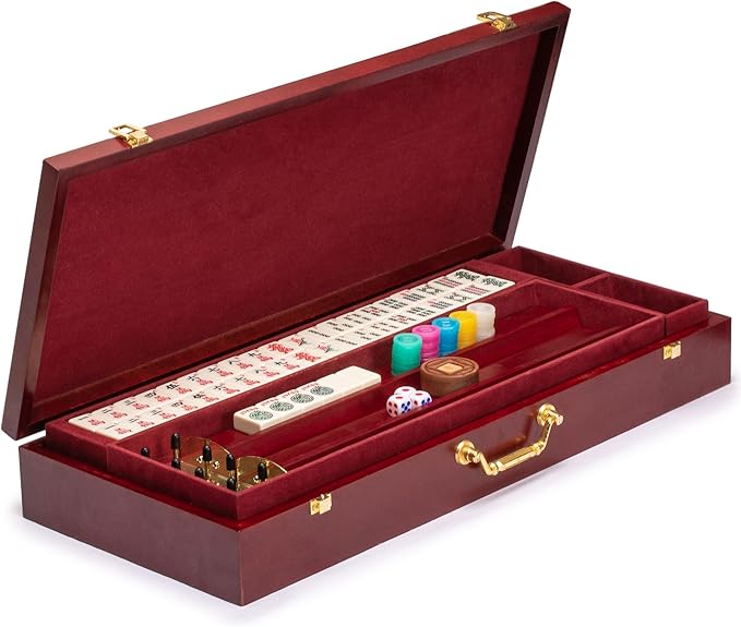 Yellow Mountain Imports American Mahjong Set, The Classic - with 166 Tiles, Vintage Rosewood Veneer Case, and Other Mahjong Accessories