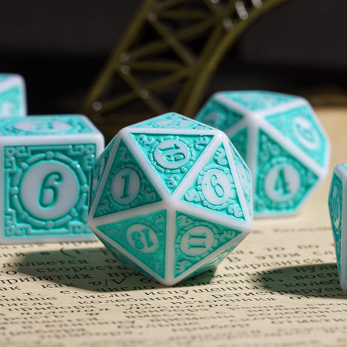 7PCs DND Dice Set, Unique Window Lattice Pattern D&D Dice Set with Leather Dice Bag, Polyhedral Dice for Dungeons and Dragons, RPG, Table Games (Cyan/White)