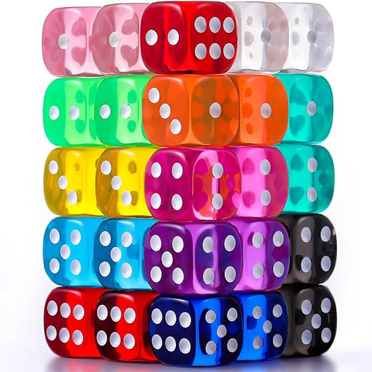 TecUnite 25 Pieces Colored Dice 6 Sided Dice Set, 6 Sided Standard Dices with Black Drawstring Storage Bag for Board Games, Parties, Math Learning, Classroom(Rainbow Color,6 Sides)