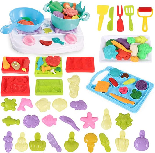 Color Dough Sets for Kids Ages 4-8, Stovetop Kitchen Accessories, Kitchen Creations Toy,Pretend Play Cooking Game, Educational Toddler Toys