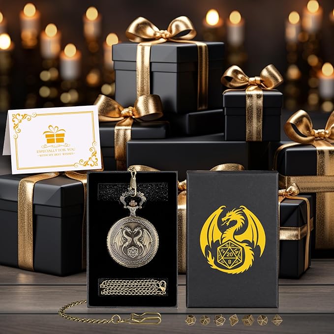 Mini DND Dice Set with Steampunk Double Dragon Pocket Watch Case, Tiny 7-Piece Polyhedral Metal D&D Dice, DND Gifts with Gift Box, Role Playing Game Board Game Accessories Dice, Bronze