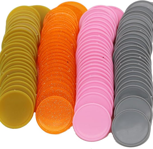 Set of 100 Opaque Plastic Learning Counters Mini Poker Chips Game Tokens with Storage Box (Goldenrod+Pink+Gray+Starry Orange, 1 Inch)