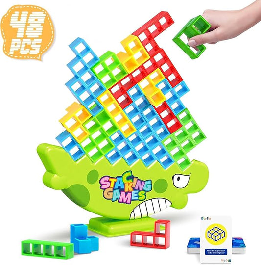 QINGMU 48 PCS Tetra Tower Game, Tetra Tower Balance Stacking Blocks Game, Dinosaur Balance Stacking Team Building Blocks Toy, Team Building Blocks Board Game