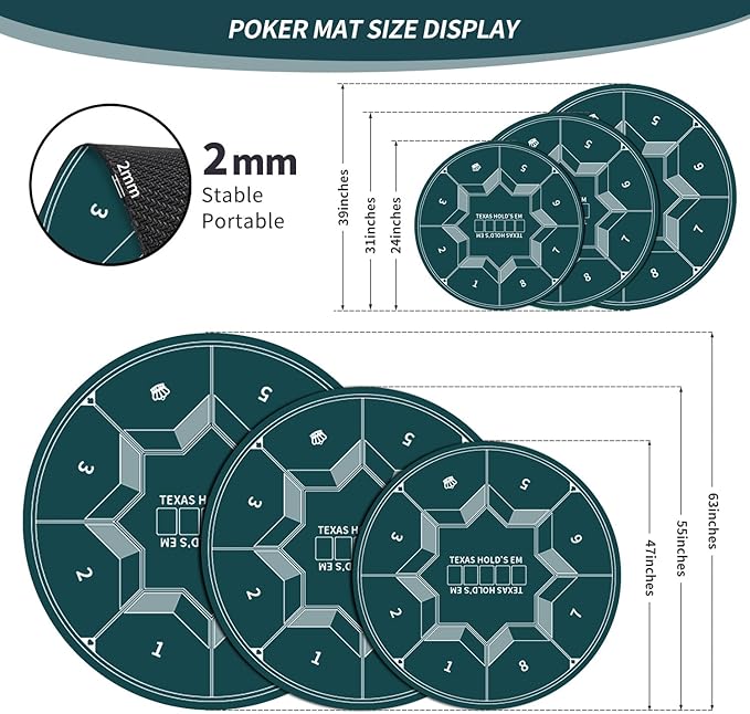 nuveti 24/31/47/55/63inch Round Poker Mat for Texas Holdem | Portable Poker Table Top with Art Deco Layout Print 6-8 Player Game Layout Mat to Play Cards, Poker Games, Blackjack, Casino