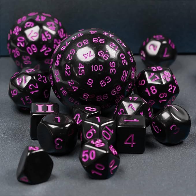 15 Pieces Complete Polyhedral DND Dice Set D3-D100 Spherical D&D Dice Set with Dragon Eye Dice Bag, D100 Dice for Dungeons and Dragons, RPG, MTG Table Games(Black w/Purple Numbers)