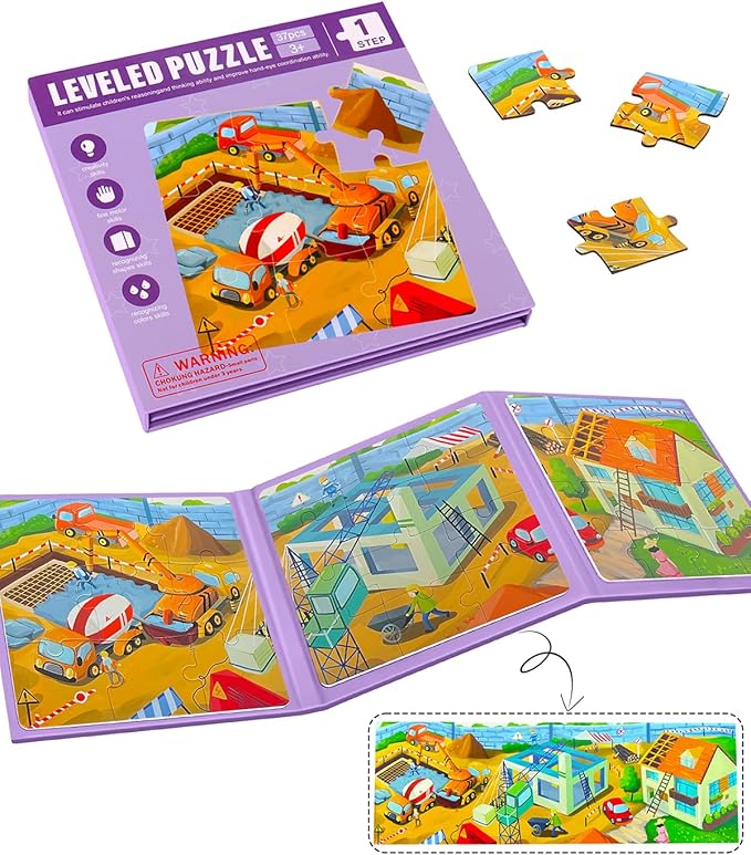 Magnetic Puzzles for Toddlers, 37 Pieces Travel Puzzles Game Magnetic Jigsaw Puzzle Magnet Puzzle Book for Kids Car Traffic Activities Toy for Boys and Girls 3-5 Year Old (Building)