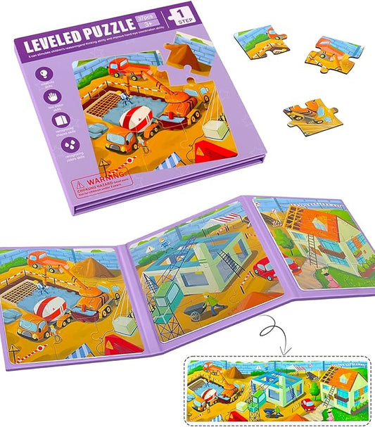 Magnetic Puzzles for Toddlers, 37 Pieces Travel Puzzles Game Magnetic Jigsaw Puzzle Magnet Puzzle Book for Kids Car Traffic Activities Toy for Boys and Girls 3-5 Year Old (Building)
