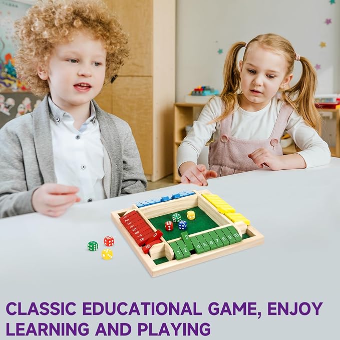 1-4 Players Shut The Box Dice Game, 10 Numbers Traditional Wooden Pub Bar Board Game, Family Classics Tabletop Version Games for Classroom, Party, or Pub