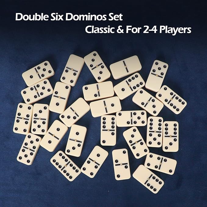 Dominoes Set for Adults, Dominos Set with 28 Ivory Tiles, Double Six Dominos Game Set for Classic Board Game, with White Canvas Bag (2 to 4 Players)