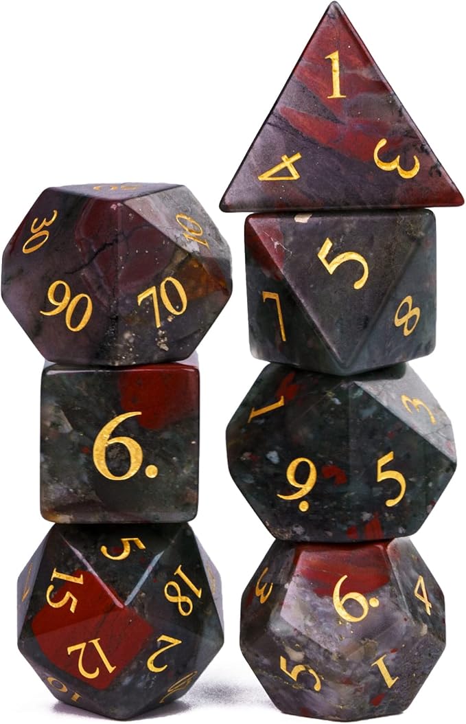 UDIXI Stone DND Dice Set, 7PCS Bloodstone Gemstone Dice Real Stone Dice with Gift Case for Dungeons and Dragons D&D and Tabletop Games