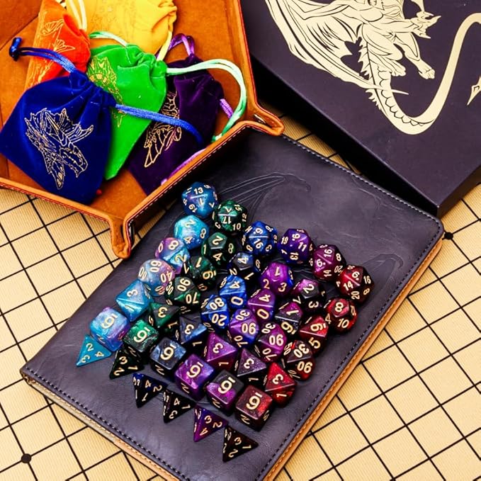 DND Dice Set 42 Pcs Polyhedral Dungeons and Dragons Rolling Dice for D&D RPG MTG Table Games Dice Bulk with Colorful Drawstring Bags and Dice Tray (Star-Tray)