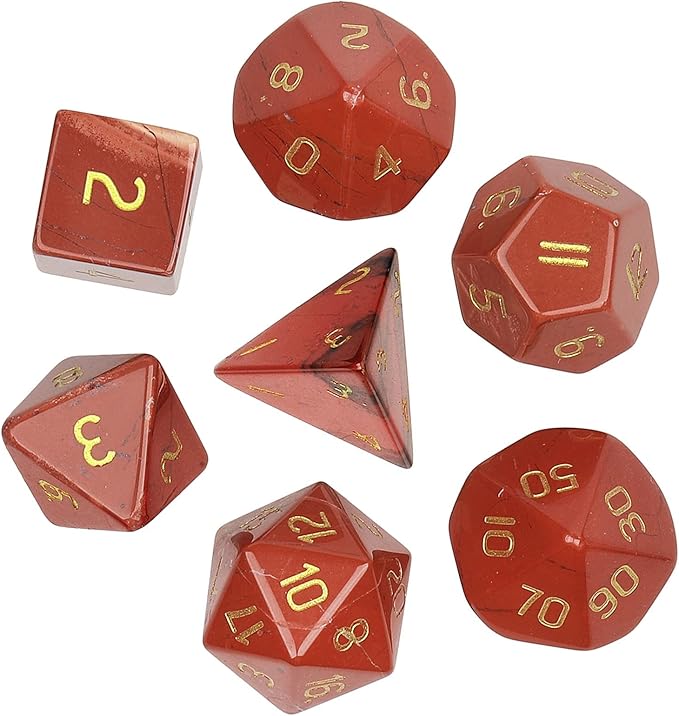 TUMBEELLUWA Engraved Crystal Stone Polyhedral Dice Set for RPG MTG Dungeons and Dragons Table Game 7 Pieces DND Board Game Dices with Pouch, Red Jasper