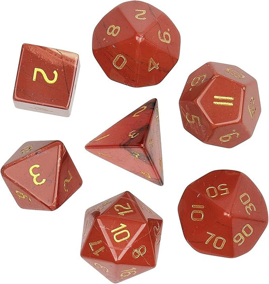 TUMBEELLUWA Engraved Crystal Stone Polyhedral Dice Set for RPG MTG Dungeons and Dragons Table Game 7 Pieces DND Board Game Dices with Pouch, Red Jasper
