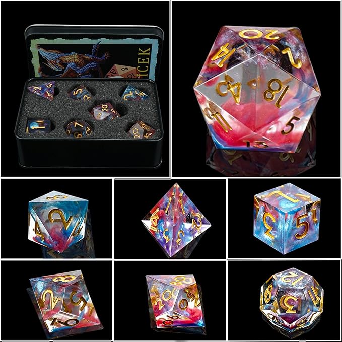 DND Dice Set Sharp Edge Dice Set 7 Piece DND polyhedral Dice Numbers with Gold Leaf Exquisite Tin Box Packaging,Ideal for Dungeons & Dragons RPG and Board Games (Starry Sky Gold)