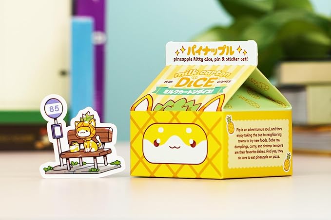 1985 Games Pineapple Kawaii Cat Dice Set – Milk Carton-Inspired Dice for DND | TTRPGs & Tabletop Roleplaying