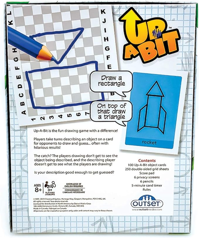 Outset Media Up a Bit Drawing Card Game - Describe an Object to Draw and Guess - Family Guessing Game Ages 8+ - Contains 100 Objects Cards, 250 Double Sided Grid Sheets