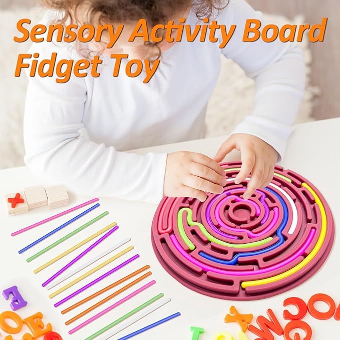 Sensory Activity Board for Kids and Adults, Double-Sided Silicone Fidgets Toys - Silent, No Mess, for Calming, Stress Anxiety, ADHD&Autism - Includes Portable Travel Bag & 12 Strings, Berry