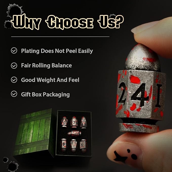 Bullet Dice Set, DND Dice Metal Revolver，ZHOORQI D6 Gun Dice D&D Gifts for Dungeons and Dragons, RPGs(7-Blood Silver)