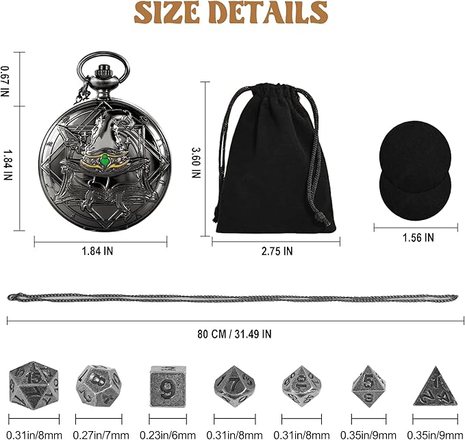 D&D Dice Set,7PCS Metal Dice for Dungeons and Dragons,Mini Dice Set with Pocket Watch Case,Role Playing Board Games Accessories (Wizard, Black)