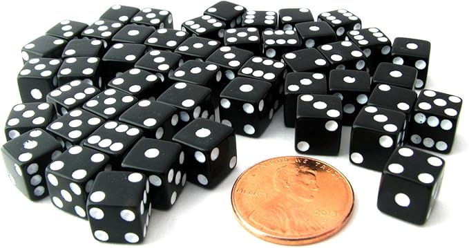 Koplow Games Set of 50 8mm Six-Sided D6 Small Square-Edge Dice - Black with White Pips