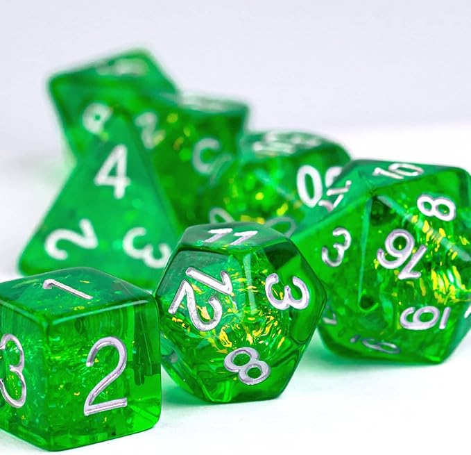 UDIXI Resin Polyhedral DND Dice Set, 7die RPG D&D Dice for Dungeons and Dragons, Pathfinder, Board Games (Green with Silver Numbers)