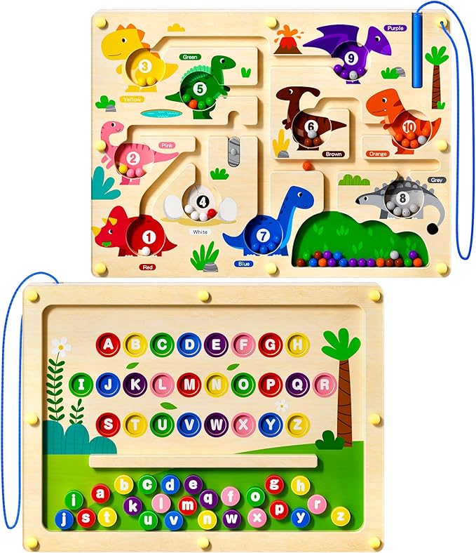 2 in 1 Magnetic Color and Number Maze Double-Sided ABC Alphabet Board Magenet Dinosaur Maze Preschool Montessori Education Toys (Dinosaur, Wood)