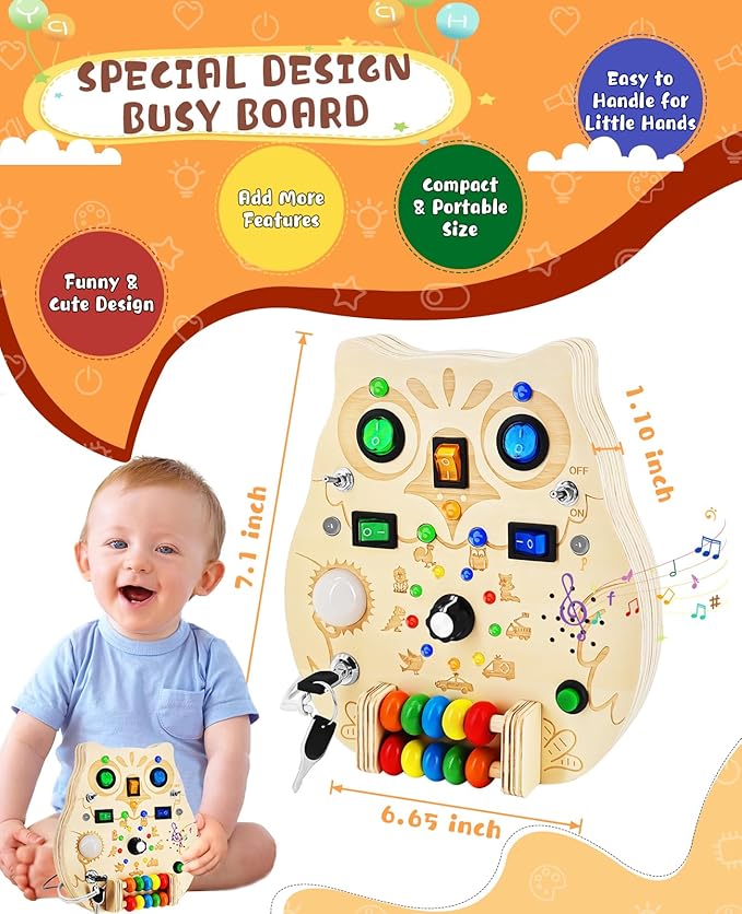 Busy Board,Montessori Wooden Sensory Toy with LED Light Switches, Music, Toddler Light Switch Activity Travel Toys for 1 2 3 Year Old Boys Girls Toddler Toys Gifts