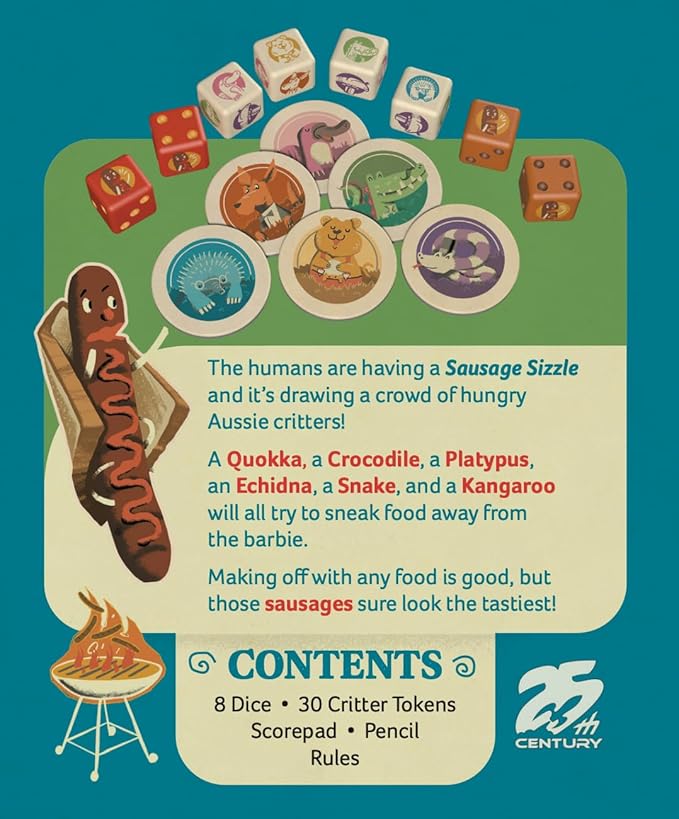 Sausage Sizzle, Press Your Luck Dice Rolling Game Featuring Australian Animals Stealing Food - 25th Century Games