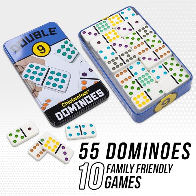 Front Porch Classics, Double 9 Colored Dot Dominoes Travel Tin Set, 2 to 8 Players Ages 8 to 99