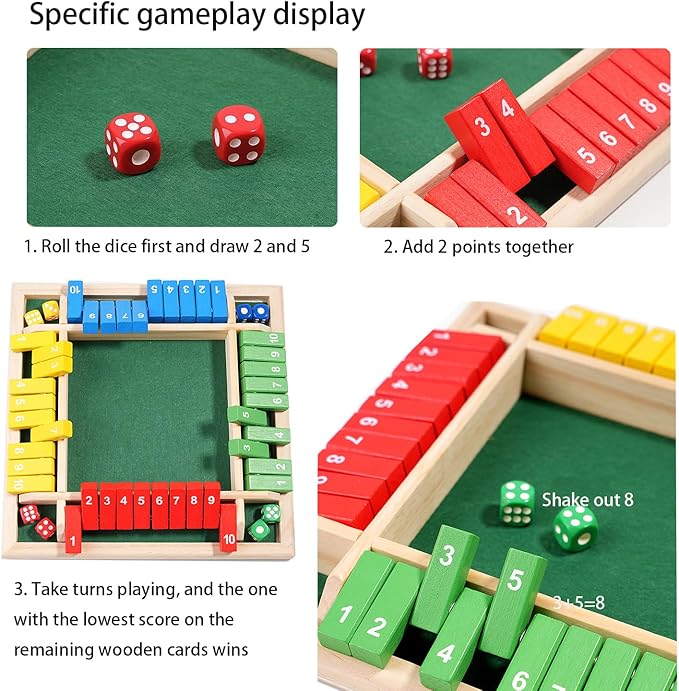 Wooden 4 Players Shut The Box Dice Game, 8 Inches 2-4 Player Family Wooden Board Table Math Games Classics Tabletop Version and Pub Board Game 8 Dices for Classroom,Home,Party or Pub