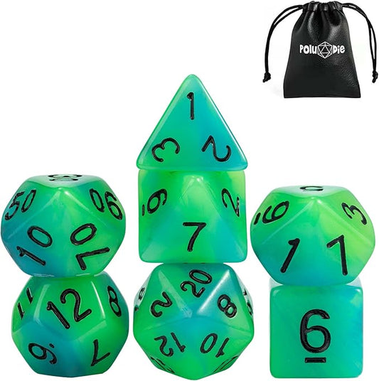 Glow in The Dark DND Dice, 7Pcs Luminous Polyhedral Dice Set with Leather Dice Bag, Glowing D&D Dice for Dungeons and Dragons, RPG, MTG Table Games(Green Blue)