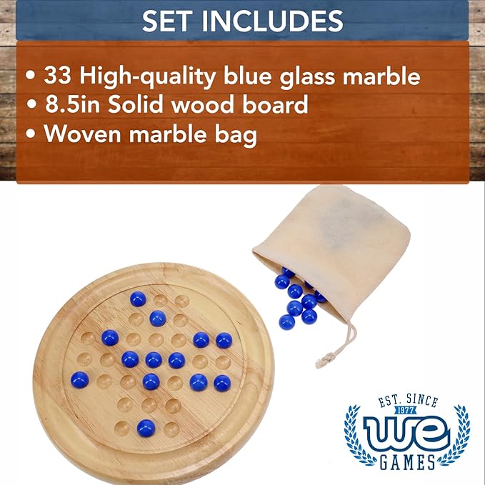 WE Games Solid Wood Marble Solitaire Game, Blue Glass Marbles Game, Marble Board Game, Wooden Games, Table Games, Home Decor, Marble Game Great for Living Room Decor, Birthday Gifts, Coffee Table Game