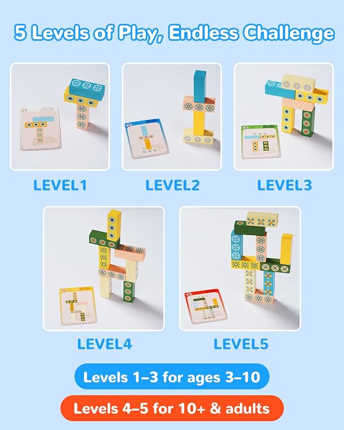 Wooden Tumble Tower Stacking Game for Kids & Adults – Fast-Paced Fun Family Night Puzzle Board Game, Match Challenge with Building Blocks for Party or Classroom Games