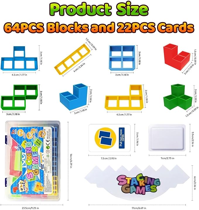 64PCS Tower Stack Game for Kids 8-12, Stacking Attack Family Board Games for Game Night, Building Balance Block Toy