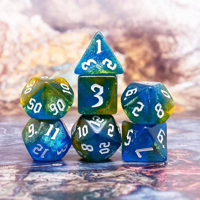 DND Dice Set with Dragon Totem Metal Gife Case, Dungeons and Dragons Dice Set,Polyhedral Dice Set Filled with Shiny Glitters,Role Playing Games and Tabletop Games (Blue&Yellow)