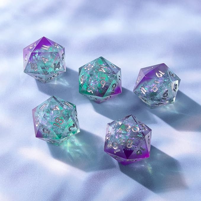 YEMEKO Single D20 Dice - 22mm, 20 Sided D&D Dice for Dungeons and Dragons, DND Dice with Resin Sharp Edge, Handmade Polyhedral for RPG, Roleplaying Games MTG Table Games(Purple Green)