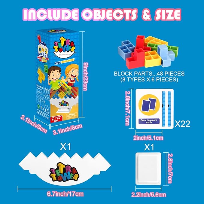 48 PCS Tetra Tower Stacking Game, Building Balance Blocks Board Game, 1-4 Players Family Games for Kids, Adults, Party, Friends, Team, Travel