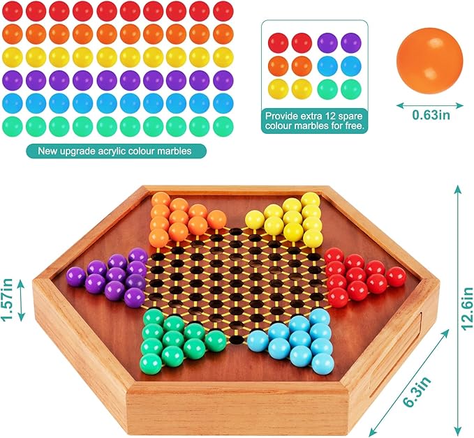 HOLYKING 12.6 Inchs Wooden Chinese Checkers with Drawer-Traditional Board Game with Set of 60 Colorful Acrylic Marbles, Classic Strategy Family Game for up to 6 Players