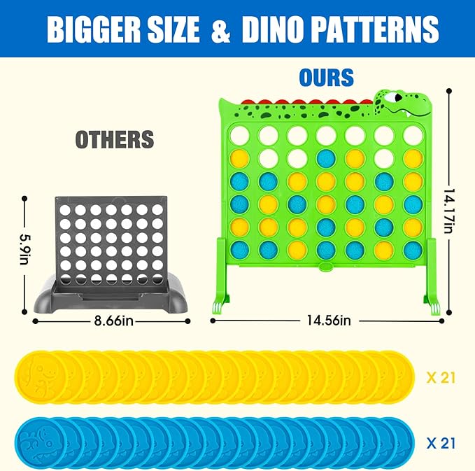 Aywewii 4 in a Row Dinosaur Connect Game with 14.5 x 14 inches Grid, Strategy Board Games for Kids | Travel Games for Boys and Girls | 4-to-Score Table Game Gifts for Ages 6+