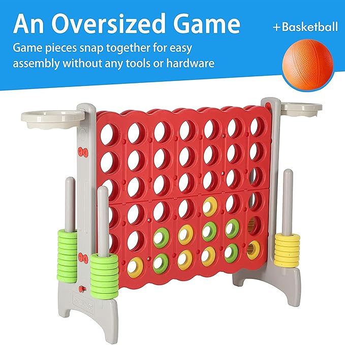 SDADI Giant 33 Inch 4-in-A-Row Hoop Connect Strategy Game and Basketball Indoor/Outdoor Family Fun Board for Toddlers, Kids, Adults, Gray and Red