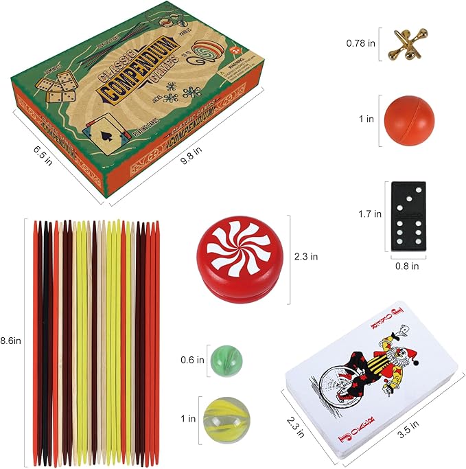 GOTHINK 6-in-1 Classic Games Set, Double 6 Dominoes, Metal Jacks Game with Ball, Pick Up Sticks, Playing Card, Marbles, YO-YO Board Games Kids Game for Family Games Night