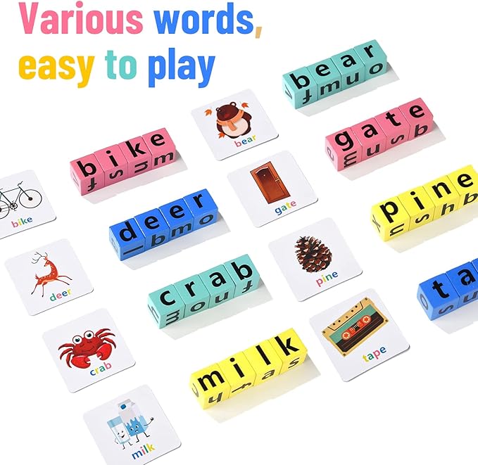 DragonflyDreams Wooden Blocks Spelling Puzzles, Matching Letter Game, Kids Learning Toys Ages
