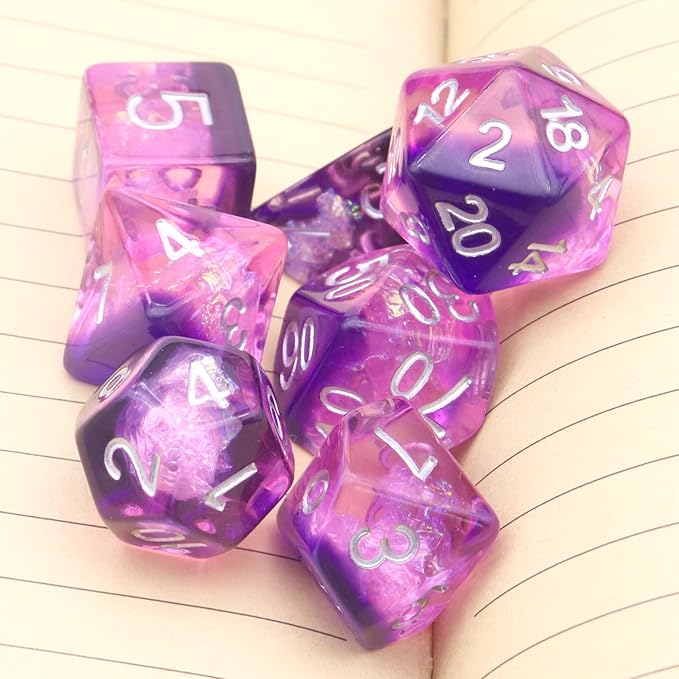 Haxtec DND Dice Set Purple Resin Polyhedral Dice with Iridecent Mylar Inclusions for D&D Dungeons and Dragons TTRPG Gifts