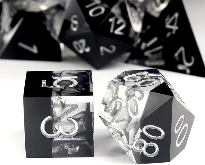 Haxtec Sharp Edge DND Dice Set - Black Swirls Resin Dice with Case for D&D RPG Role Playing Games