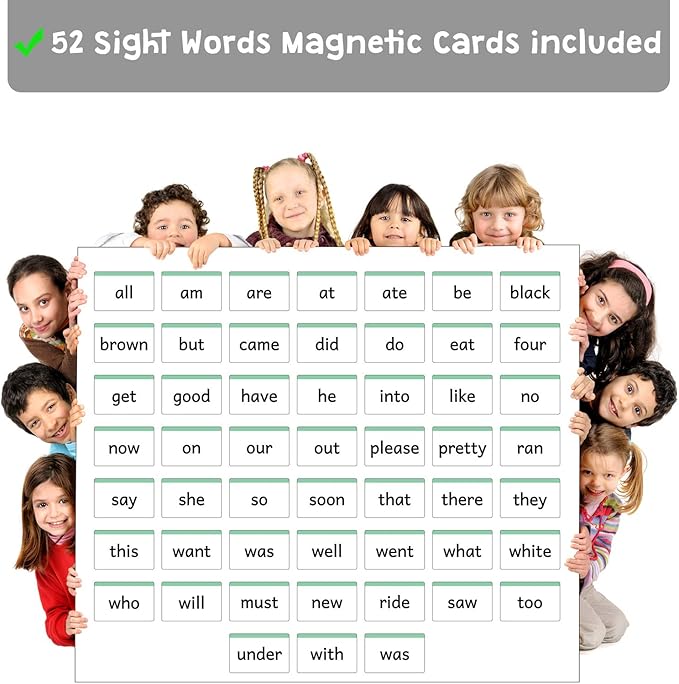 Kindergarten Sight Words Magnetic Flash Cards - 52 Sturdy Large Dolch Cards for Literacy of Beginning Readers, Homeschool, Teachers and ESL