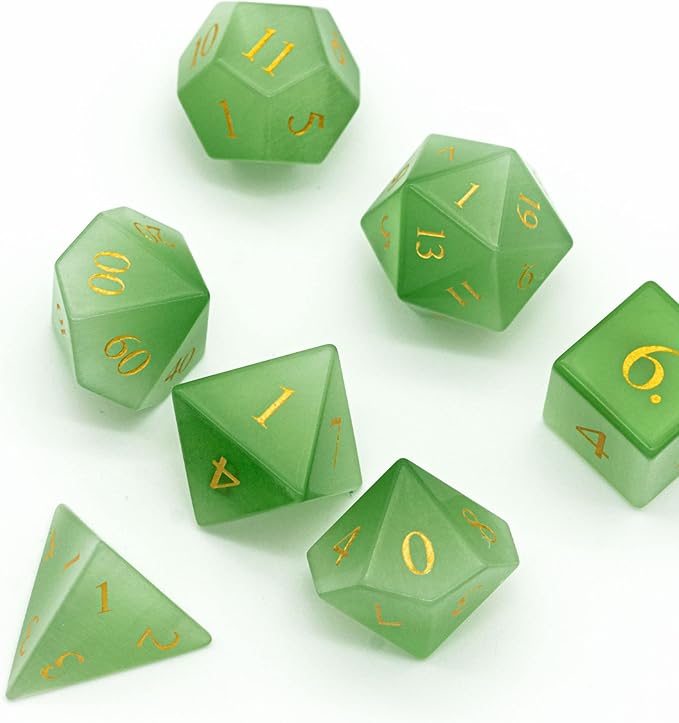 UDIXI Natural Gemstone DND Dice Set, 7PCS Handmade Crystal Stone Dice Set D&D for Dungeons and Dragons Role Playing Game and Tabletop Games (Green Cat's Eye)