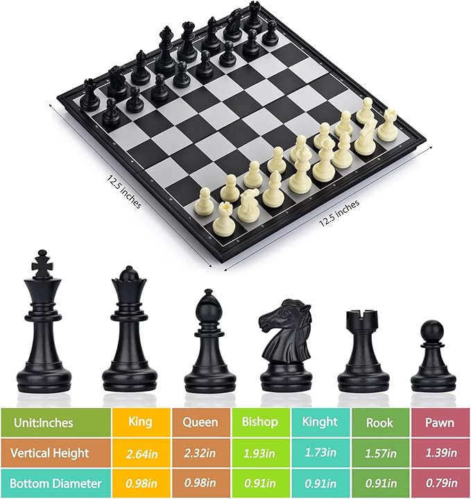 3 in 1 Magnetic Chess Checkers Backgammon Board Game Set with Folding Board Travel Games for Kids and Adults (Chess: Black & White)