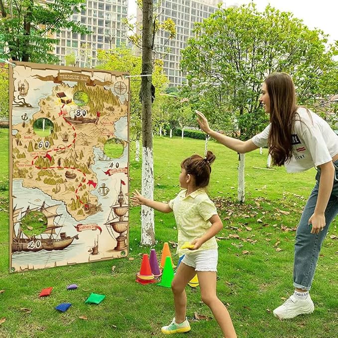 Carnival Pirate Party Games, Pirate Toss Games Banner with 4 Bean Bags Set for Indoor Outdoor Toss Across Game Treasure Map Theme Carnival Games for Kids Birthday Party Supplies Decoration